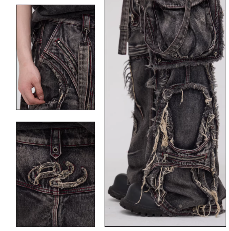 Two Detachable And Reconfigurable Crossbody Strap Workwear Denim Jeans