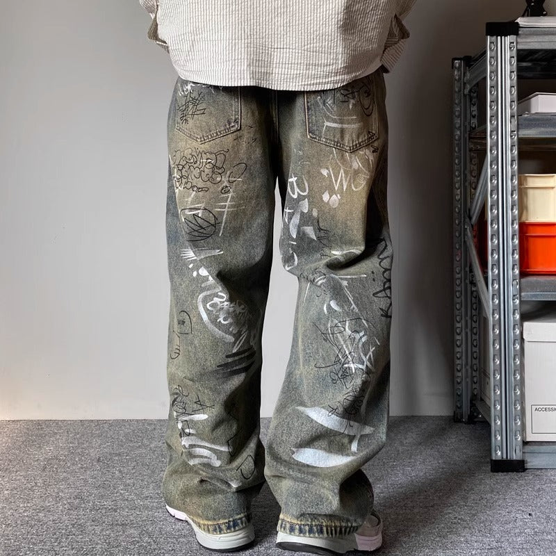 Mens Patchwork Design Loose Wide-Leg Draping Straight-Leg Pants Trousers