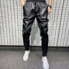 Mens Windproof Leather Motorcycle Pants In Solid Black Slim-fit