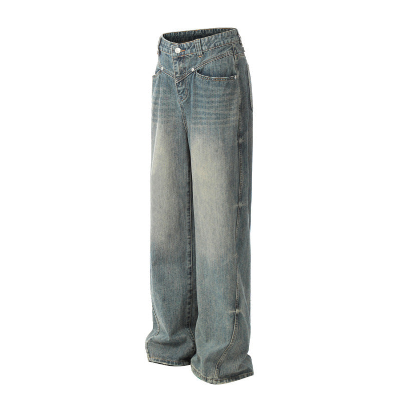 Mens High-Street Washed Distressed Loose Straight-Leg Pants
