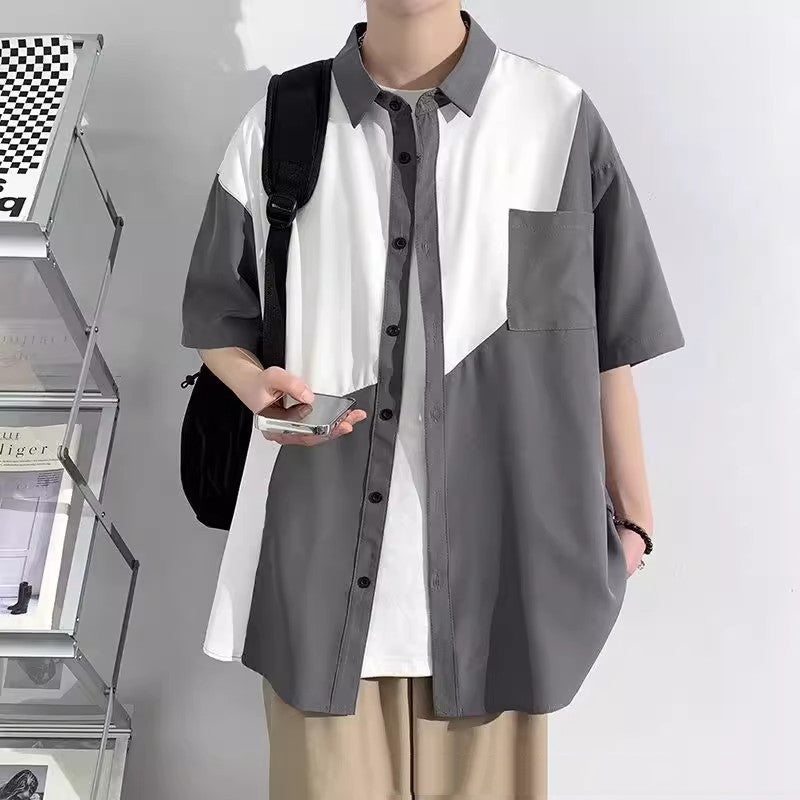 Hong Kong Wind And Tide Stitching Contrast Shirt Korean Version