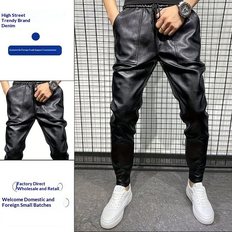 Mens Windproof Leather Motorcycle Pants In Solid Black Slim-fit