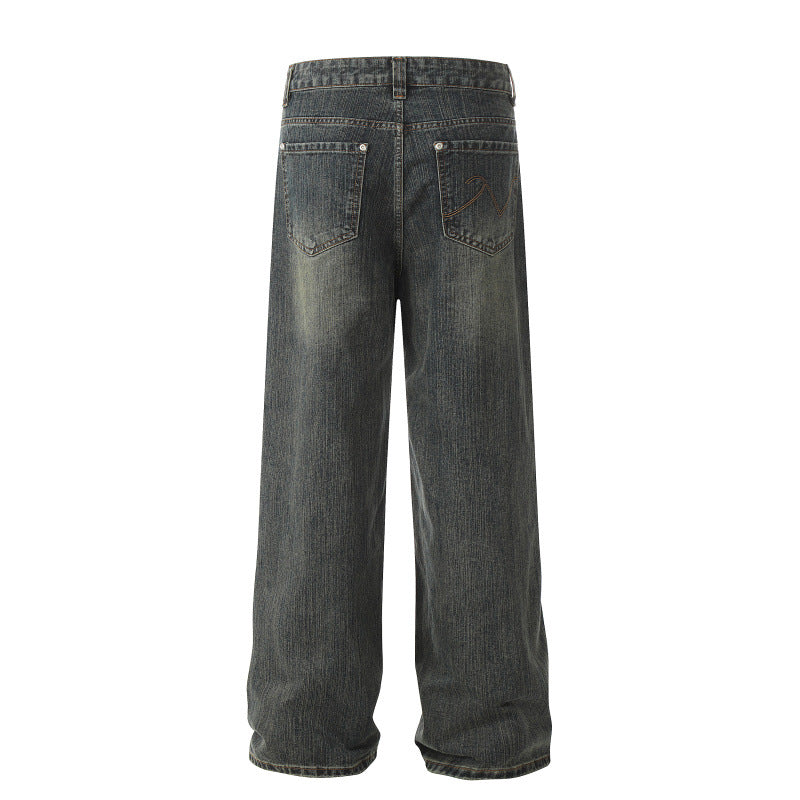 Mens High-Street Washed Distressed Loose Straight-Leg Pants