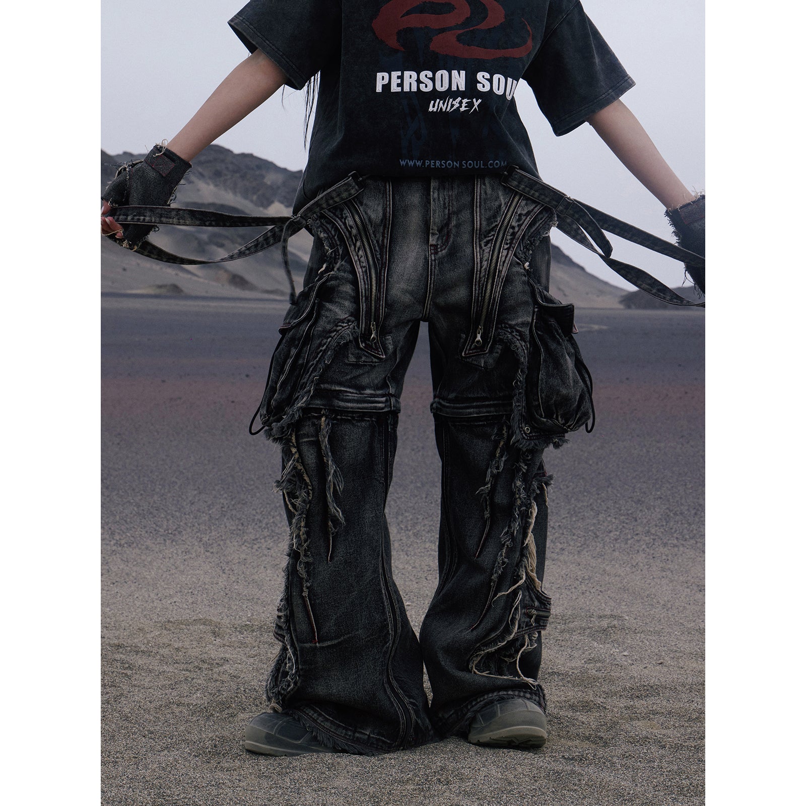 Two Detachable And Reconfigurable Crossbody Strap Workwear Denim Jeans