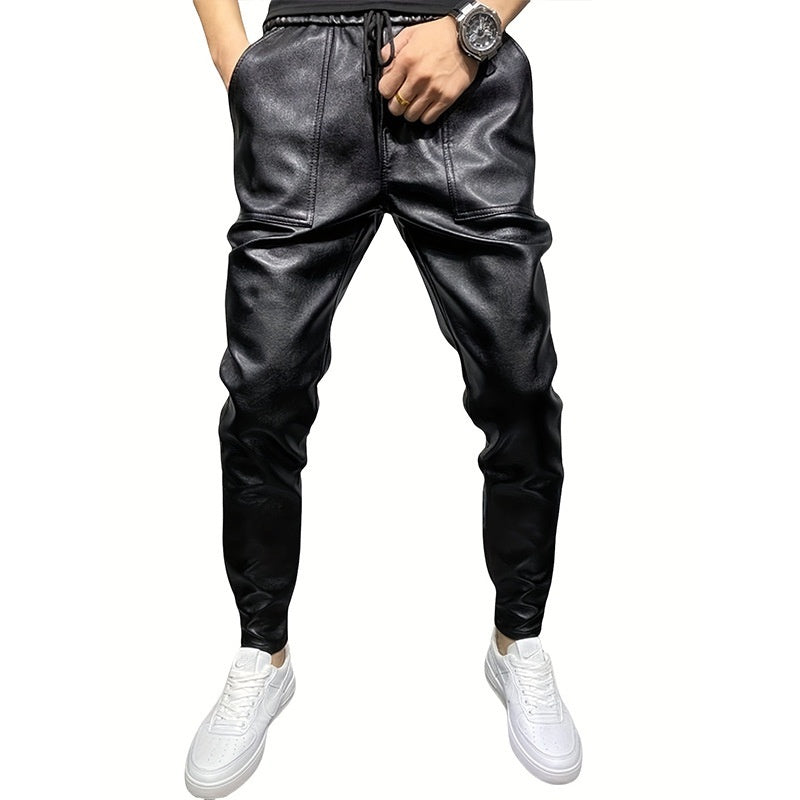Mens Windproof Leather Motorcycle Pants In Solid Black Slim-fit