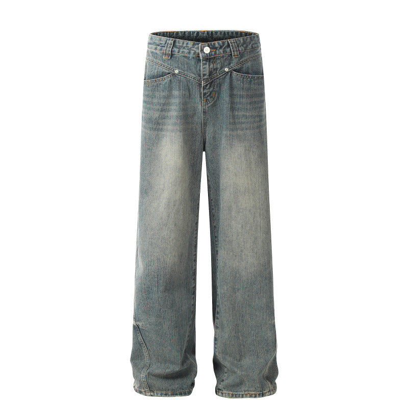 Mens High-Street Washed Distressed Loose Straight-Leg Pants
