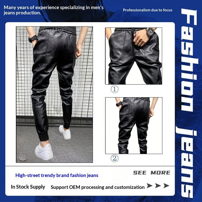 Mens Windproof Leather Motorcycle Pants In Solid Black Slim-fit