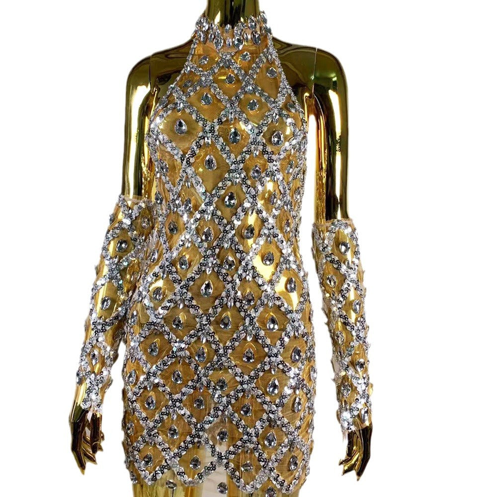 High-end Women's Heavy-duty Rhinestone Plaid Sequined Gloves Ultra-short Dress