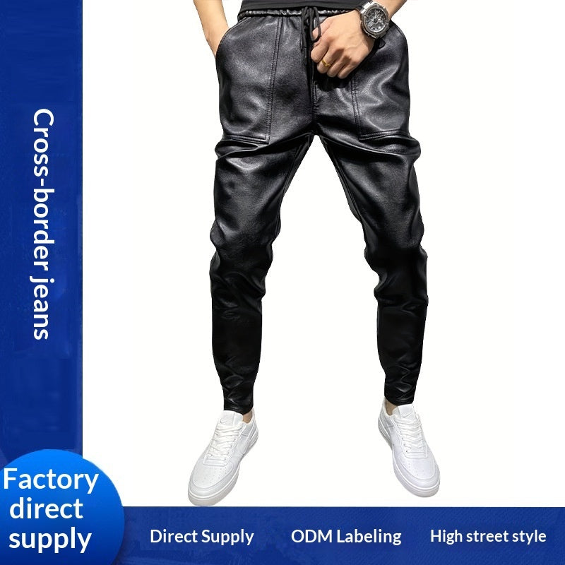 Mens Windproof Leather Motorcycle Pants In Solid Black Slim-fit