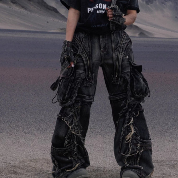 Two Detachable And Reconfigurable Crossbody Strap Workwear Denim Jeans