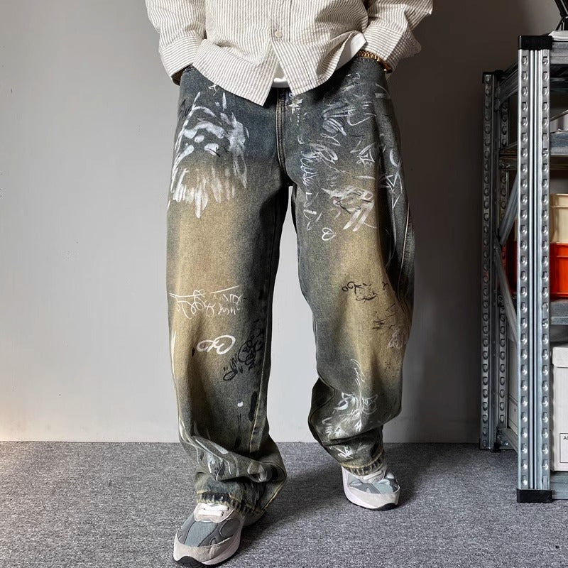 Mens Patchwork Design Loose Wide-Leg Draping Straight-Leg Pants Trousers
