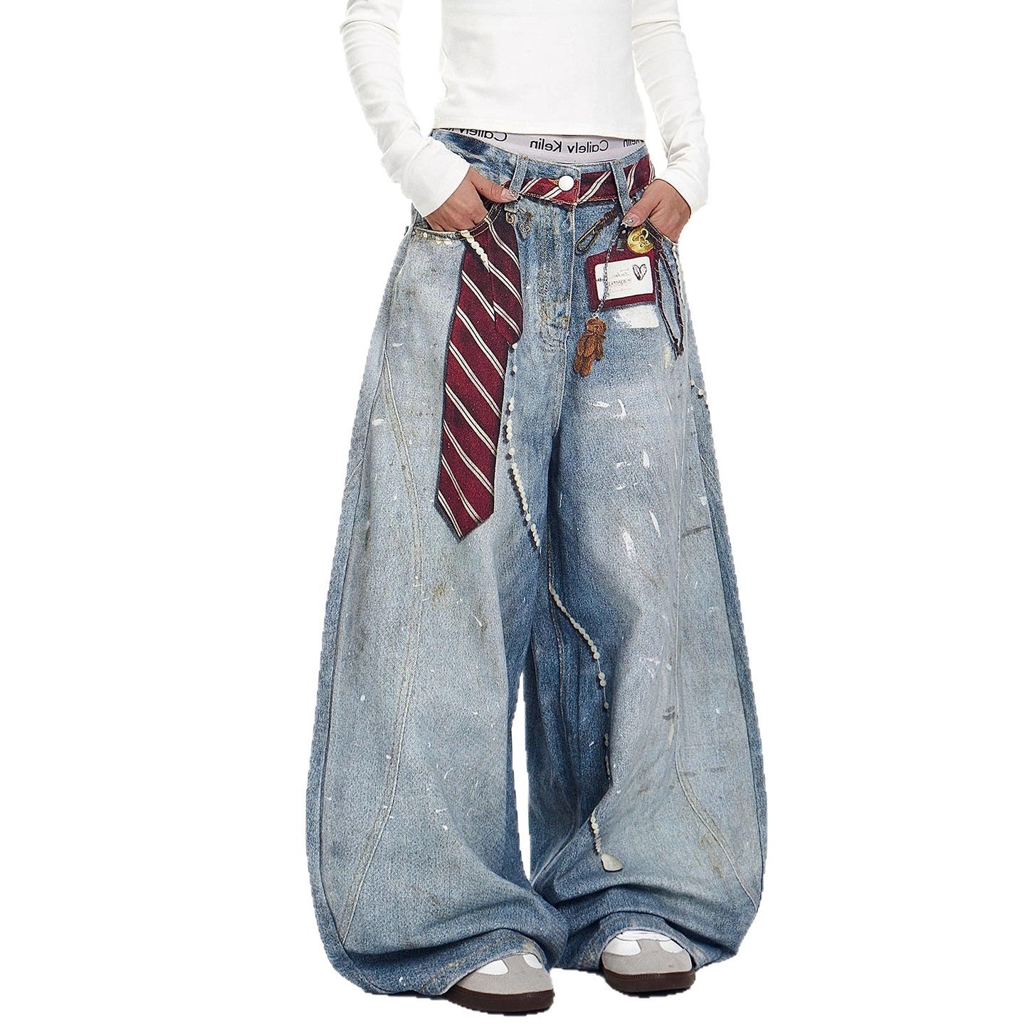 Mens Loose Casual Retro Tie-Dye Print Bootcut Jeans